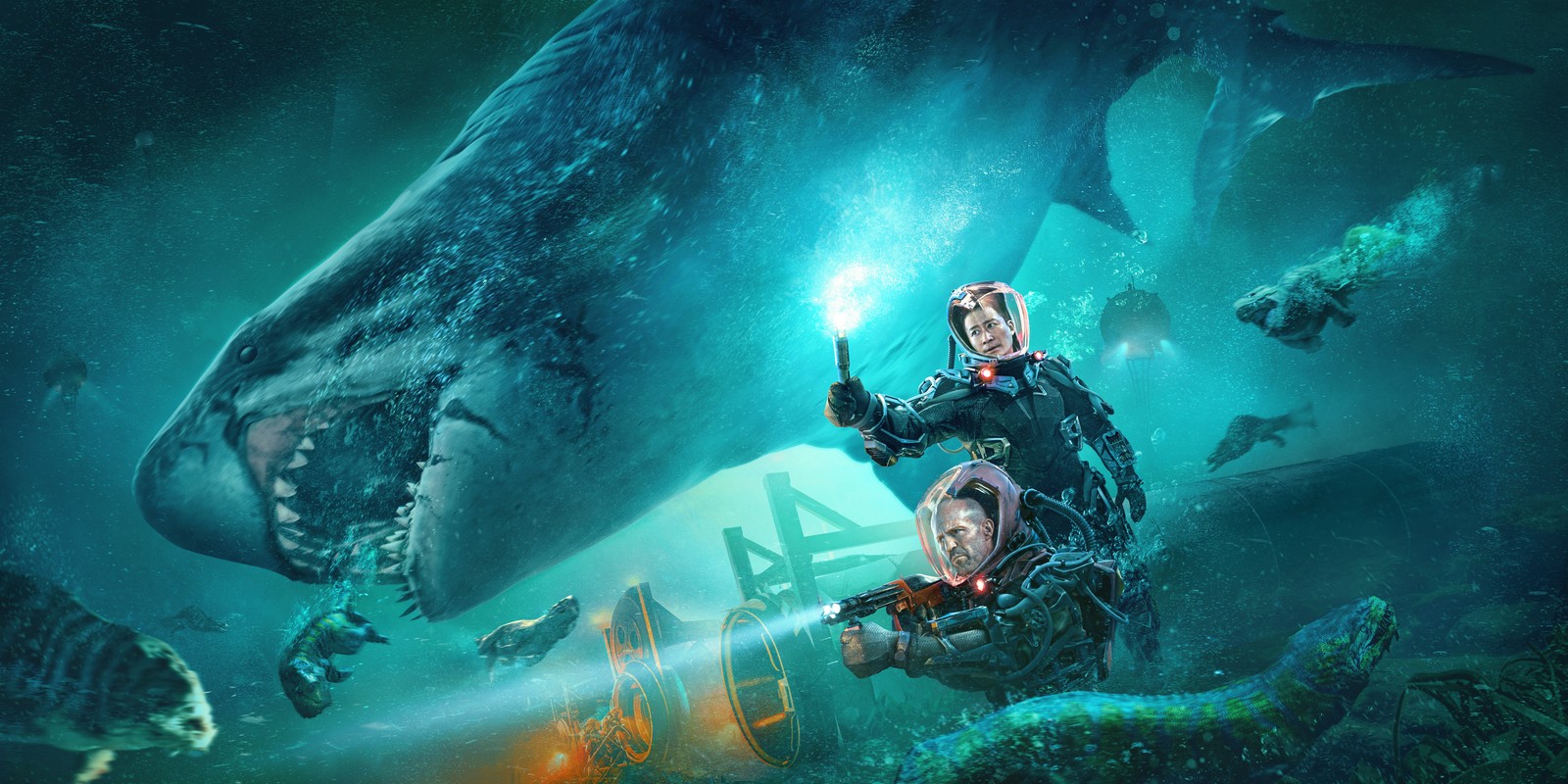 Un homme et une femme devant un requin avec un sabre laser (meg 2 la tranchée, meg 2 the trench, affiche imax, films 2023, 5k)