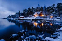 Nuit d'hiver enneigée à Stockholm : Réflexions sur un lac gelé