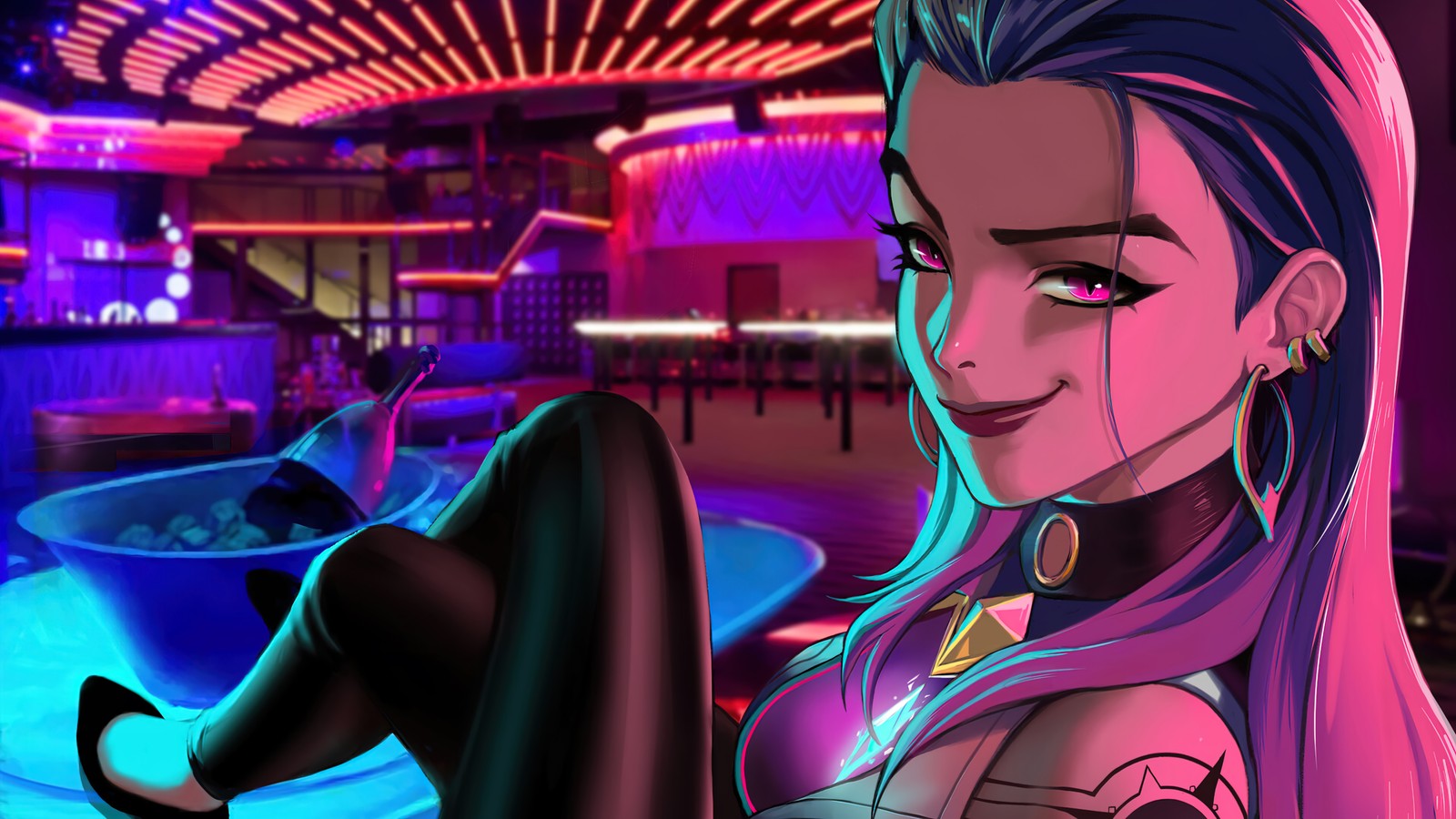 A woman with long hair and a pink top sitting in a bar (reyna, valorant, video game, art)