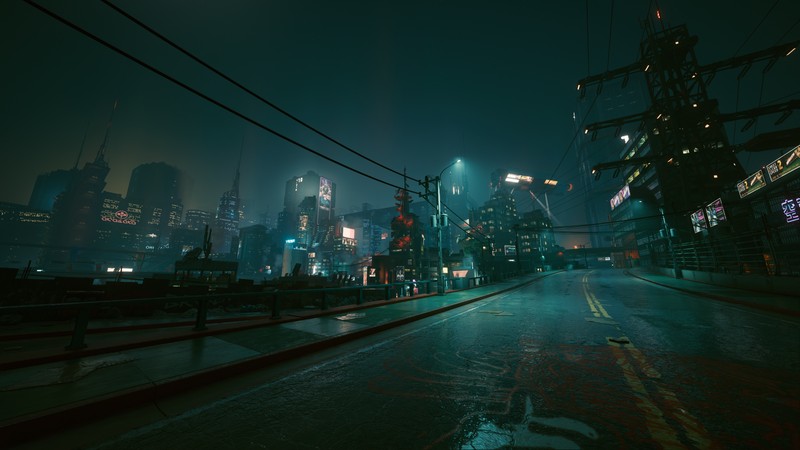 Вид на городскую улицу ночью с мостом и поездом (киберпанк, cyberpunk 2077, киберпанк 2020, cyberpunk 2020, городской пейзаж)