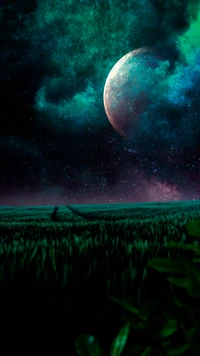 Enchanting Moonlit Landscape Under a Cosmic Sky