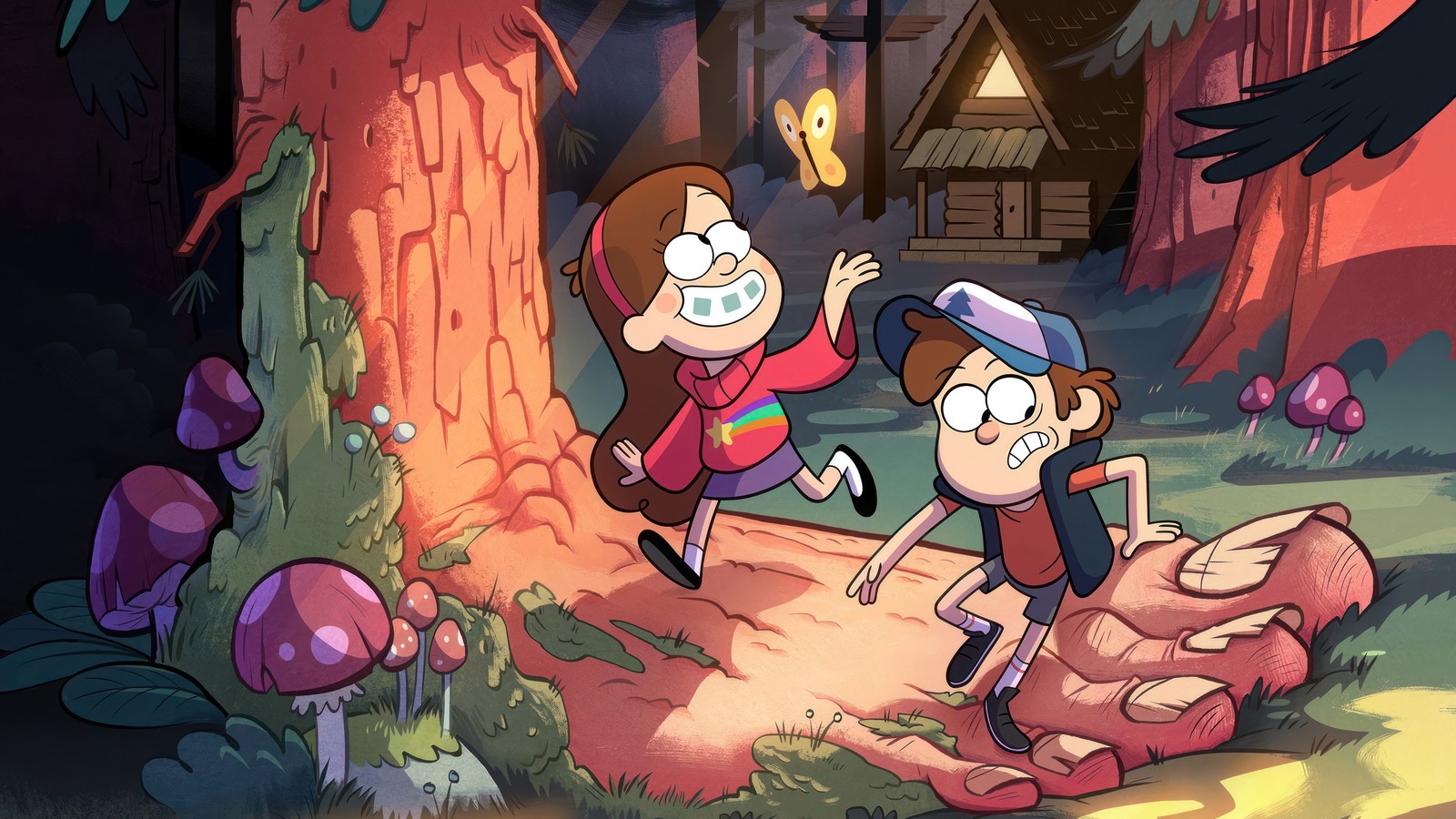 Un par de personajes de caricatura corriendo por un bosque (gravity falls, caricatura, series de televisión, dipper pines, mabel pines)