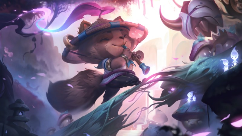 Um close de um personagem de desenho animado com um chapéu e um boné (flor espiritual, teemo, lol, league of legends, jogo de vídeo)