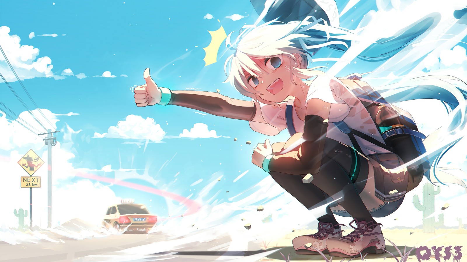 anime, girls, hitchhiking, hatsune miku, vocaloid wallpaper