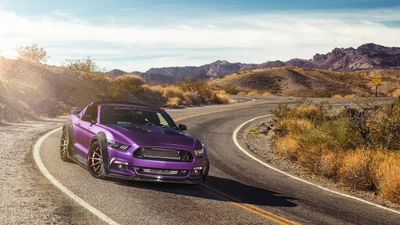 Purple Ford GT on a winding desert road, capturing the essence of performance and adventure.