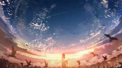 Anime Pôr do sol sobre um céu cheio de pássaros