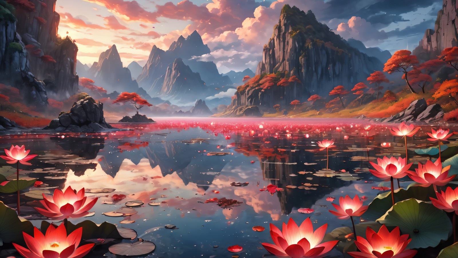 Uma pintura de um lago com flores vermelhas e montanhas ao fundo (lótus, flor, lago, montanha, cenário)