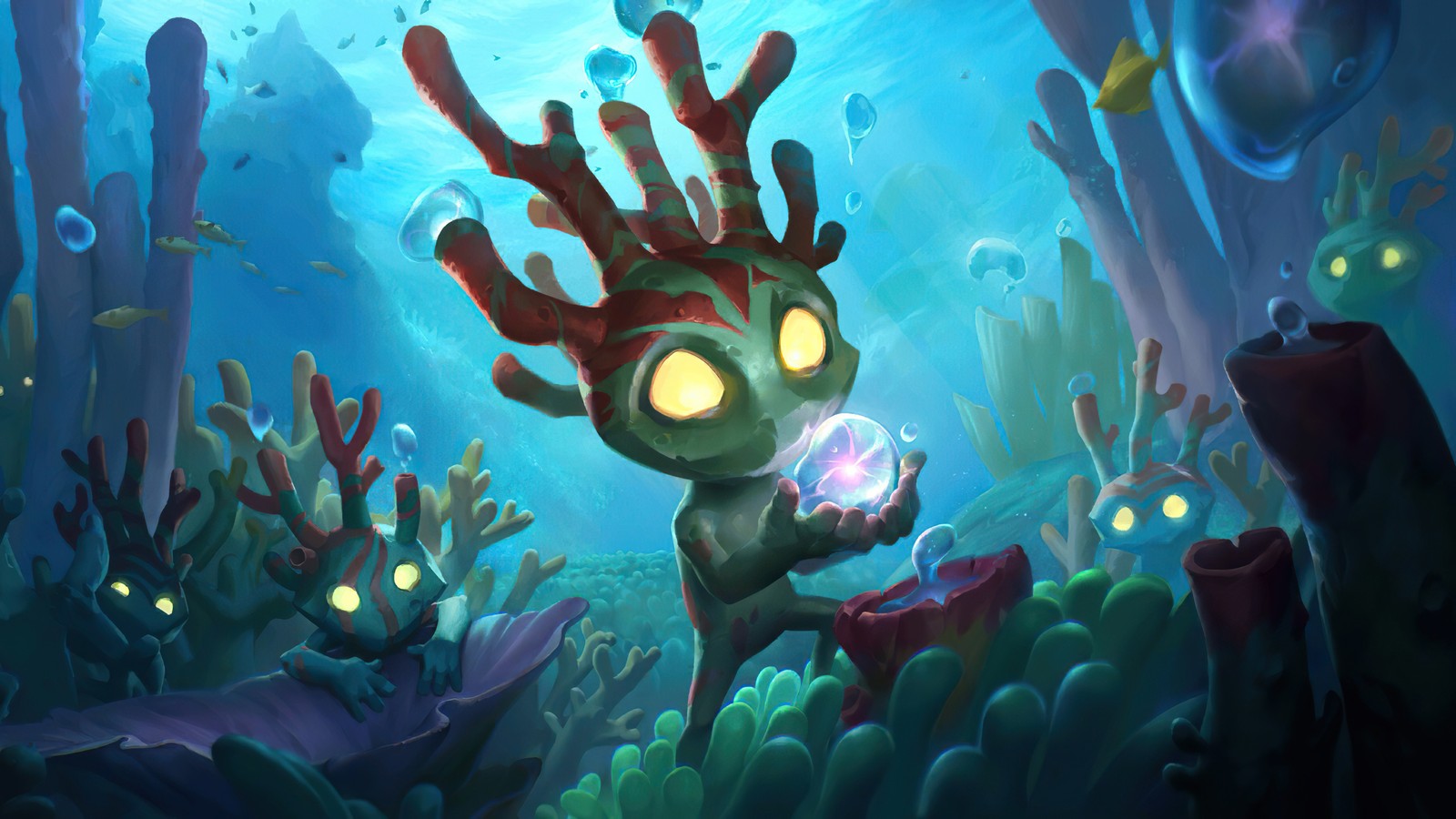 Мультяшное изображение зомби, тянущего руку из кораллов (coral creatures, legends of runeterra, видеоигра)