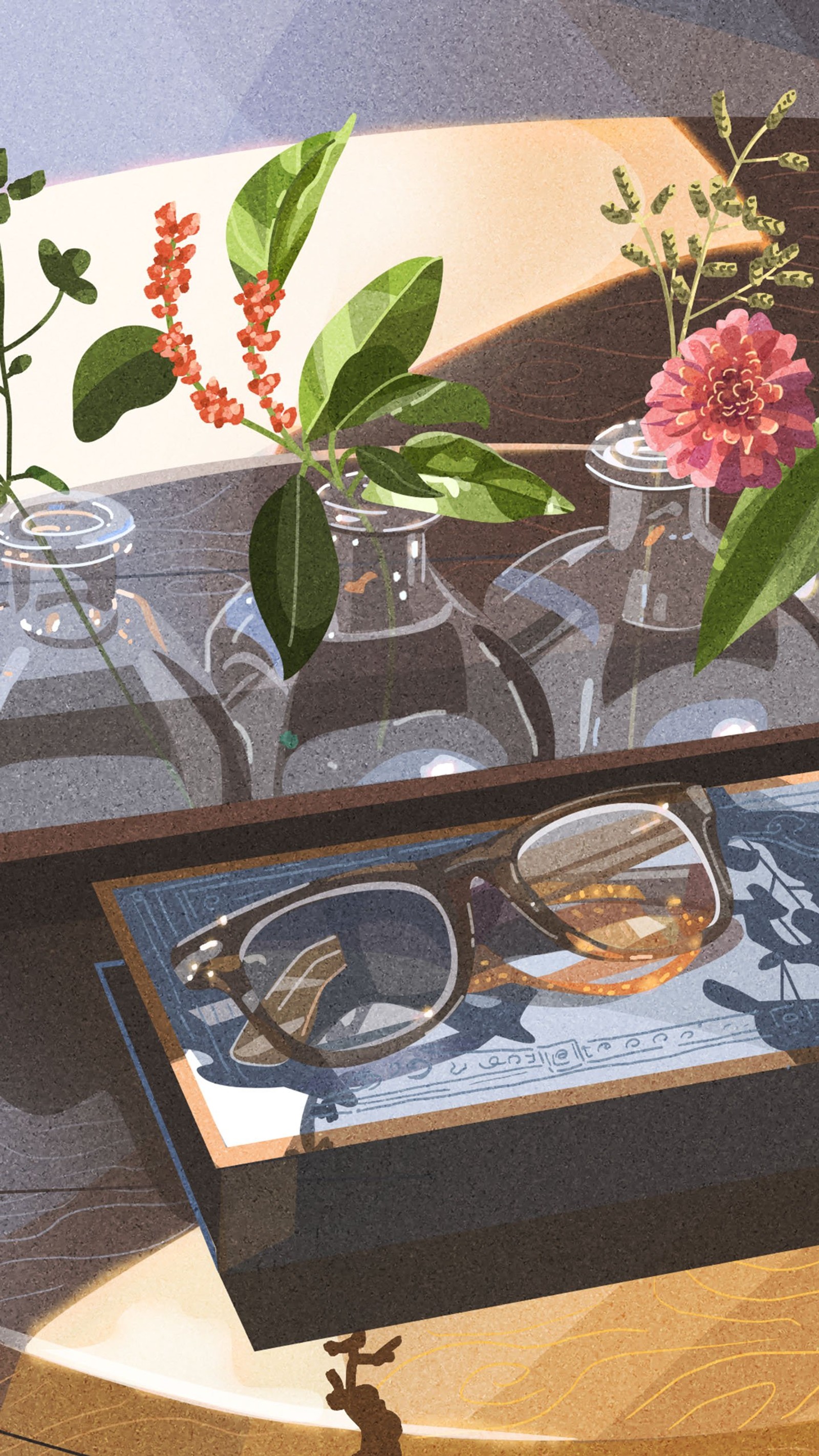 There are two glasses and a box on a table with flowers (table, floral design, flower, still life, plant)