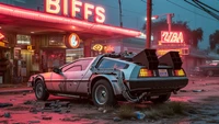 Retro-futurismo: La máquina del tiempo DeLorean bajo luces de neón