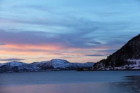 sunset, fjord, mountain range, nature, mountain