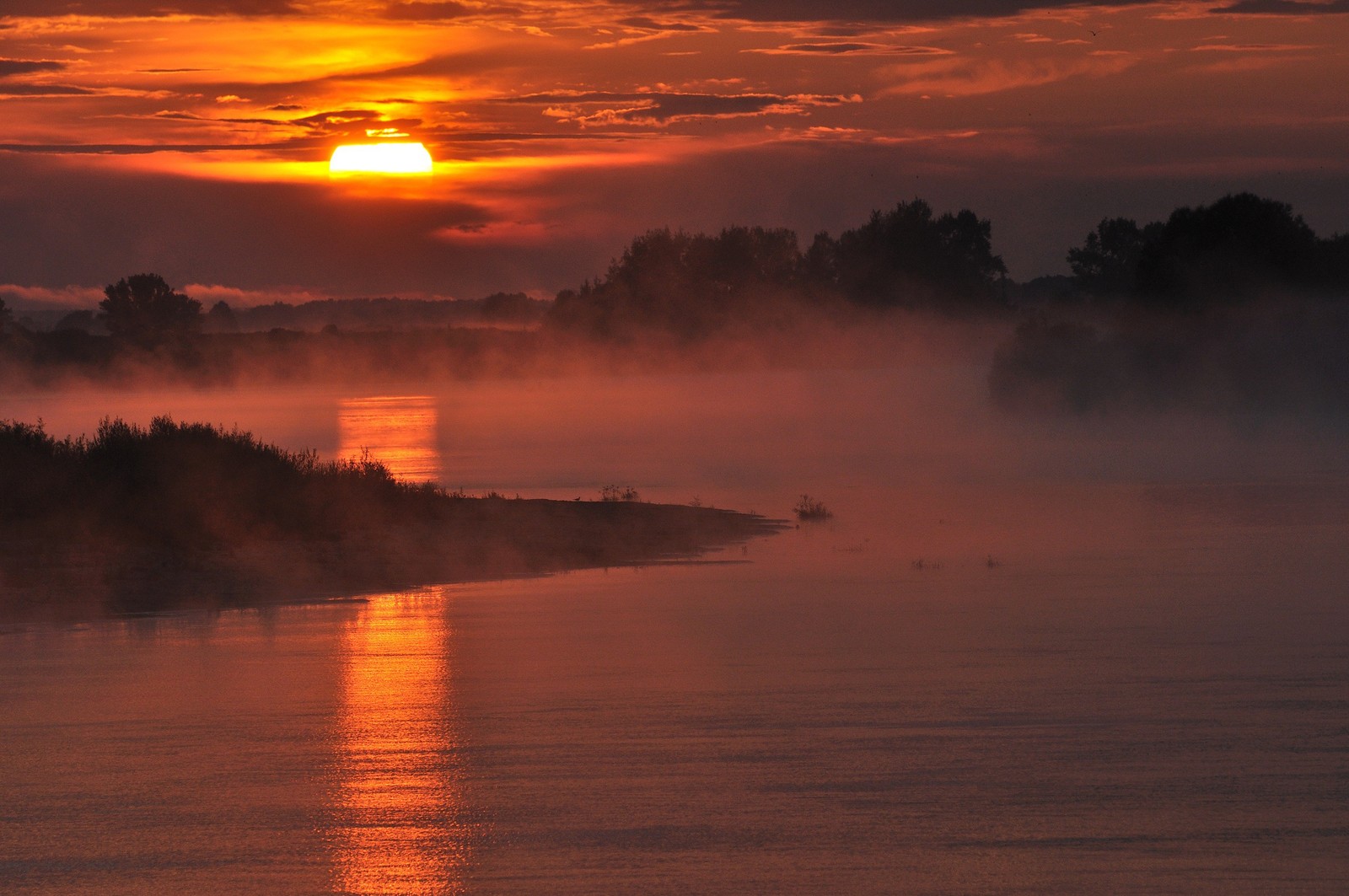 Arafed view of a lake with a boat in the water and a sun setting (nature, sunrise, morning, sunset, landscape painting)