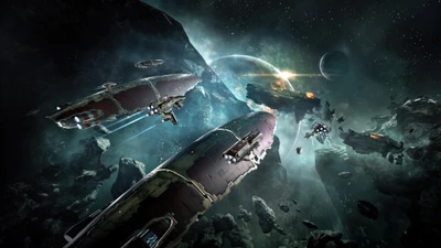 Epische Weltraumschlacht in EVE Online: Massive Schiffe navigieren im Asteroidengürtel