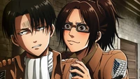 Levi Ackerman and Hange Zoe in a lighthearted moment from Attack on Titan.