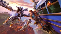 Aloy leaps from a battle bus, wielding a weapon as a mechanical bird soars nearby against a vibrant sunset.