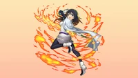 Shizue Izawa liberando magia flamejante em uma pose dinâmica de anime de "Naquela vez em que fui reencarnado como um limo.