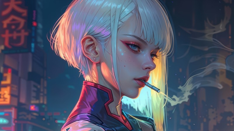 Женщина с белыми волосами и сигаретой во рту (киберпанк бегущие по краю, cyberpunk edgerunners, сериал, киберпанк, люси)