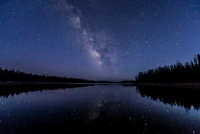 Reflexión serena de la Vía Láctea sobre un lago tranquilo