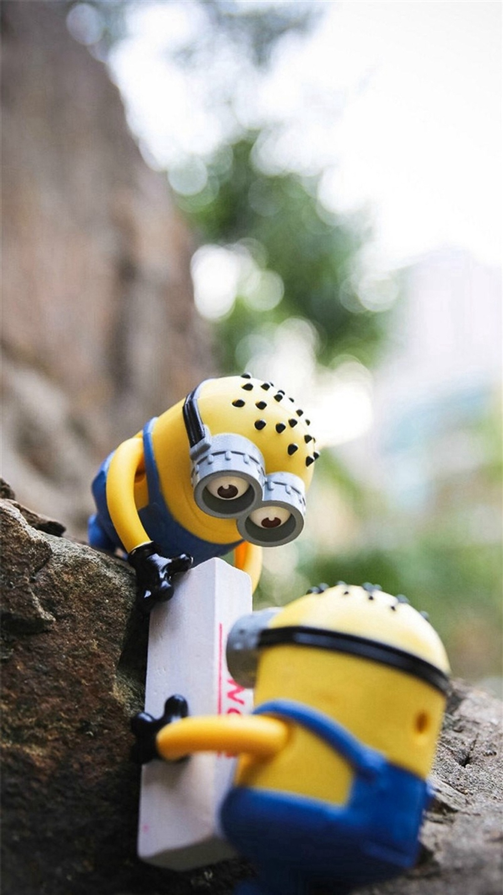 Há duas estatuetas de minions sentadas em uma pedra (fofo, adorável, minion, brinquedo)