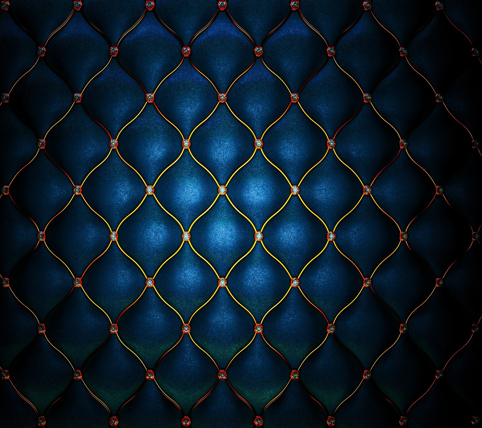 A close up of a blue leather upholstered wall with a diamond pattern (art, design)