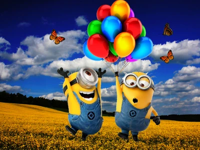 Minions celebrando alegremente com balões coloridos em um prado