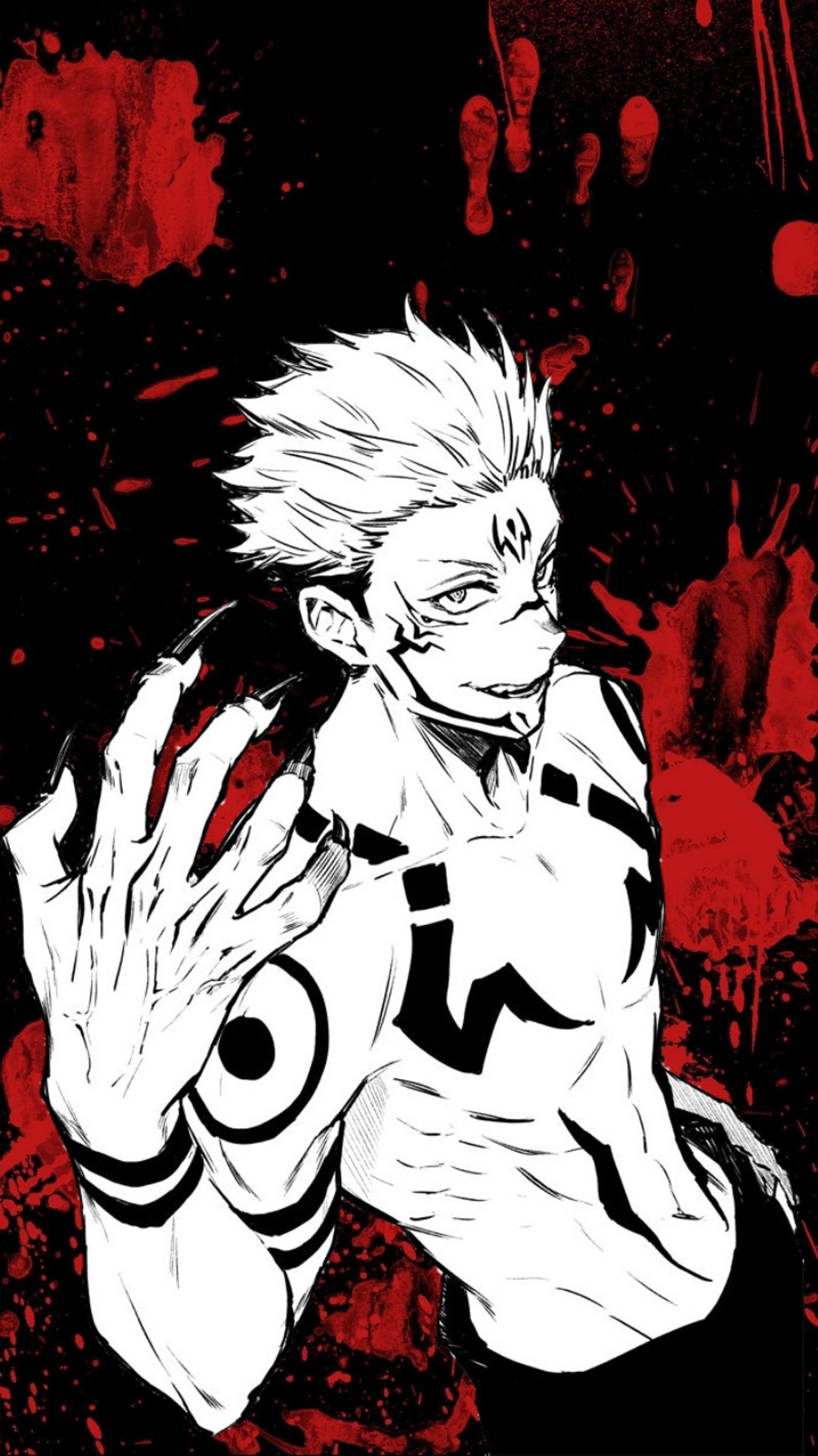 A drawing of a man with a bloody face and a bloody hand (anime, cursed, jujutsu kaisen)