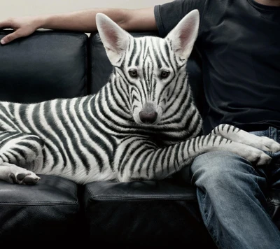 Um cachorro com listras de zebra descansando ao lado de uma pessoa em um sofá.