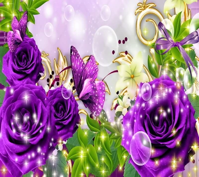 papillon, floral, violet, roses