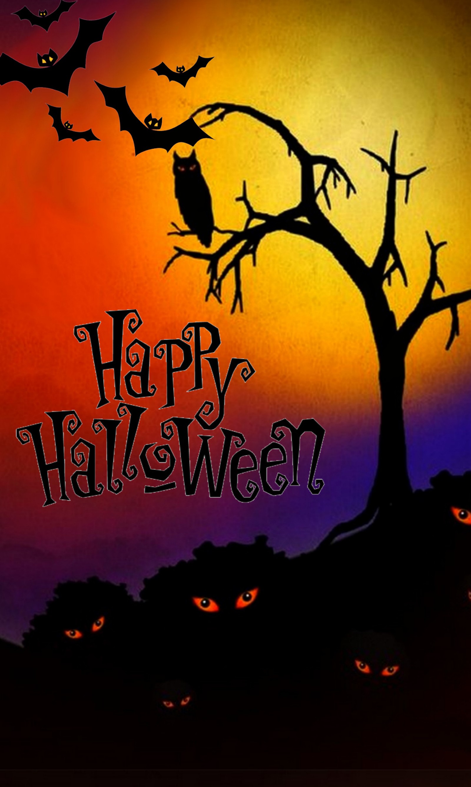 Un gros plan d'un arbre d'halloween avec des chauves-souris et un message "joyeux halloween" (halloween, lune, nuit, citrouille)