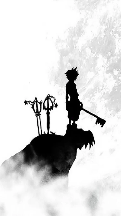 Sora Overlooking the Kingdom: A Shadowy Adventure with Keyblades and Hearts