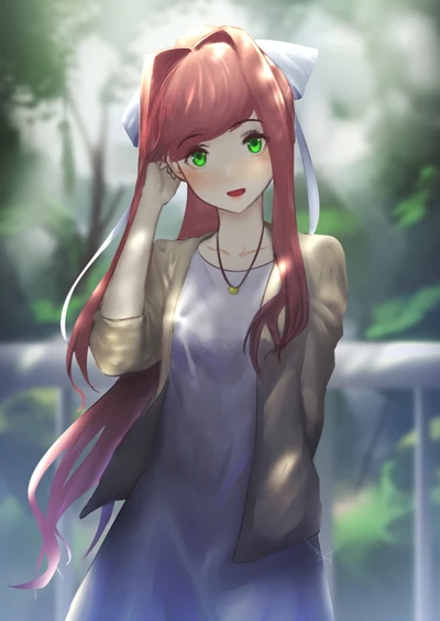 Monika do Doki Doki Literature Club em um ambiente externo sereno.