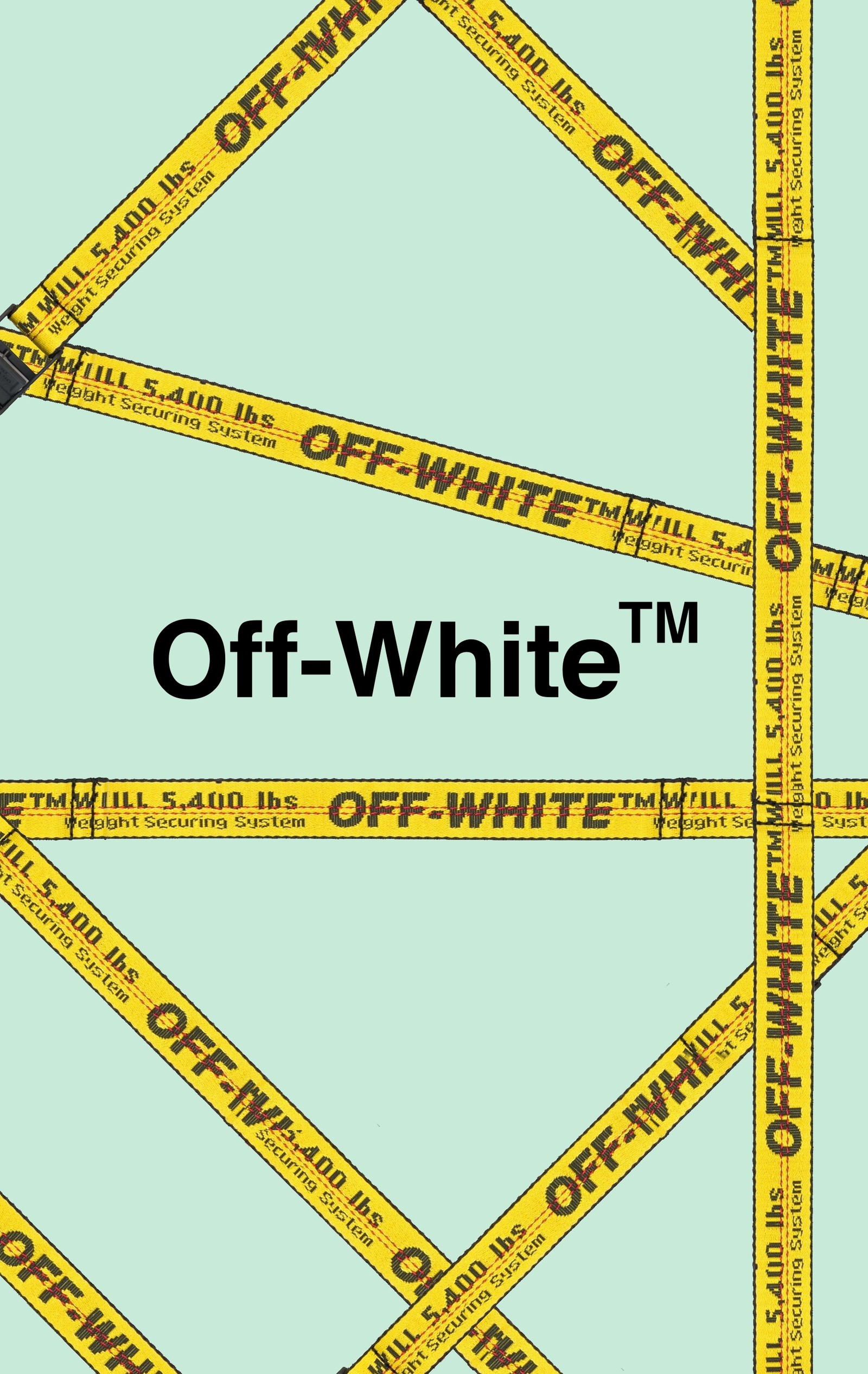 Un primer plano de una cinta amarilla con las palabras 'off white' en ella (cinturón, azul, marcas, gavriel, verde)