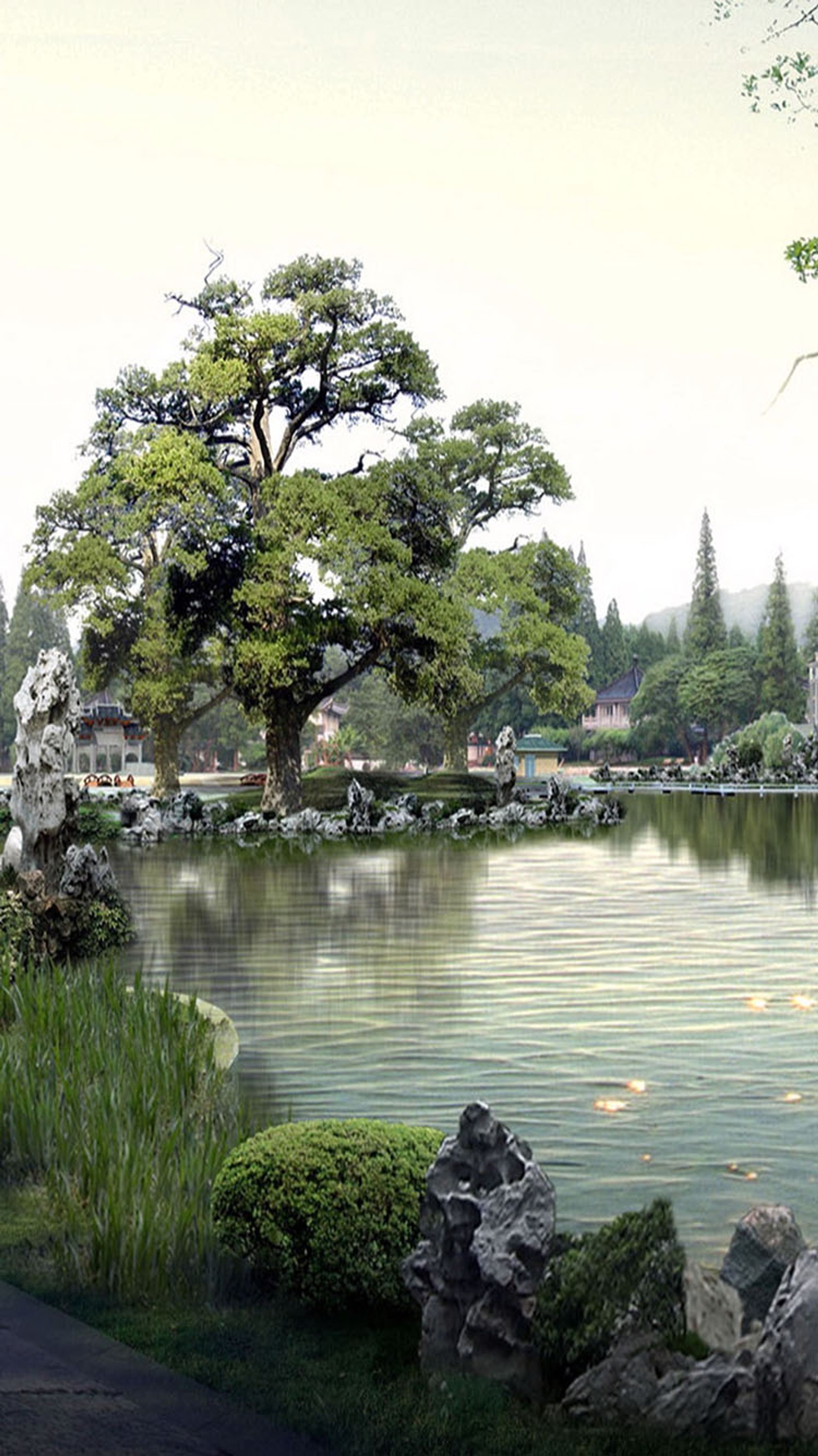 Il y a un étang avec un arbre et un pont en pierre (jardin, japonais)