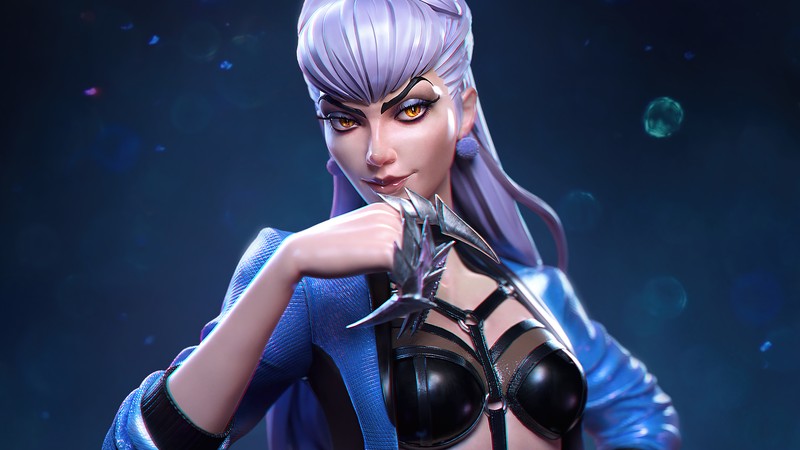 Крупный план женщины в синем наряде с ножом (kda, evelynn, все на выход, lol, league of legends)