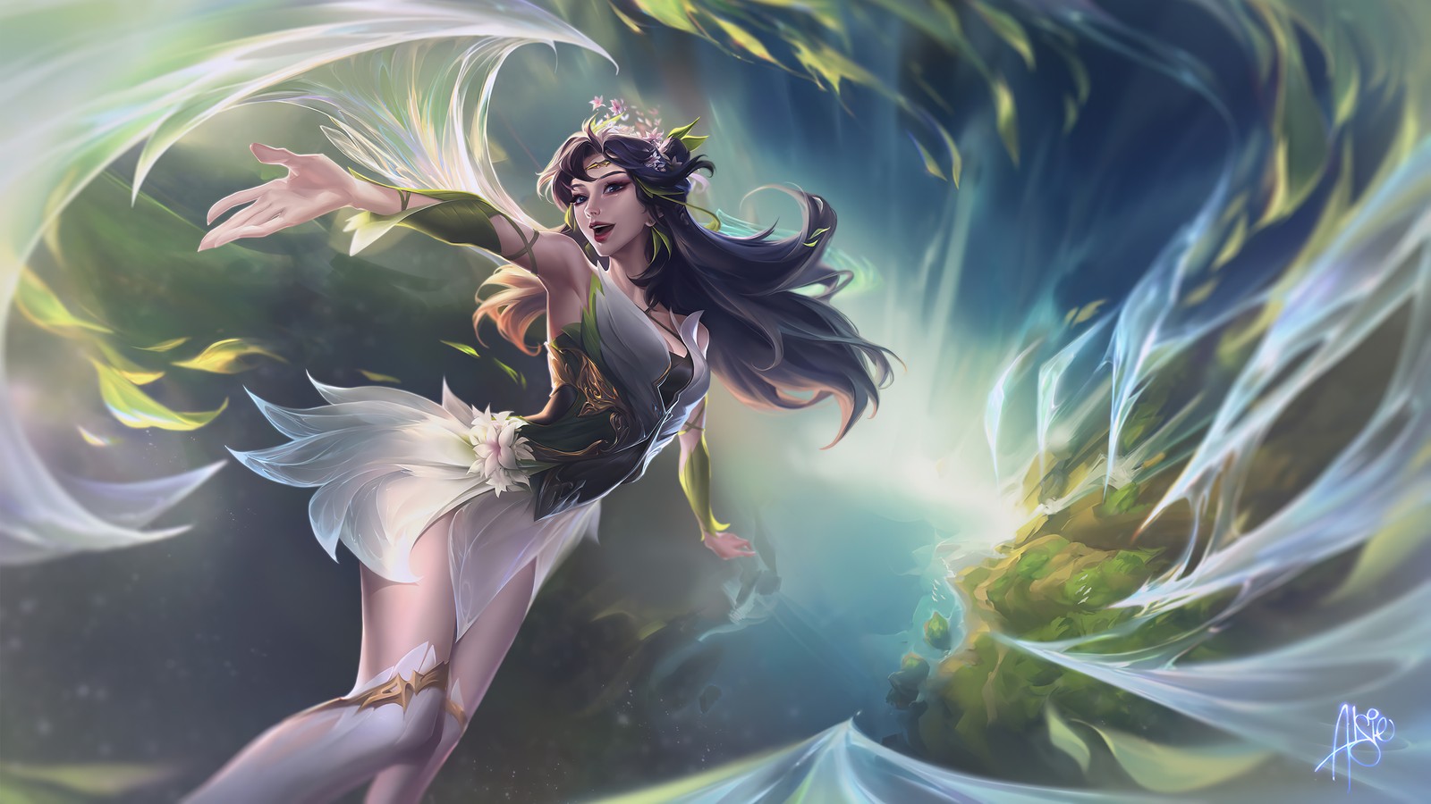 Une femme en robe blanche volant dans les airs (league of legends, lol, jeu vidéo, irelia, faebound)