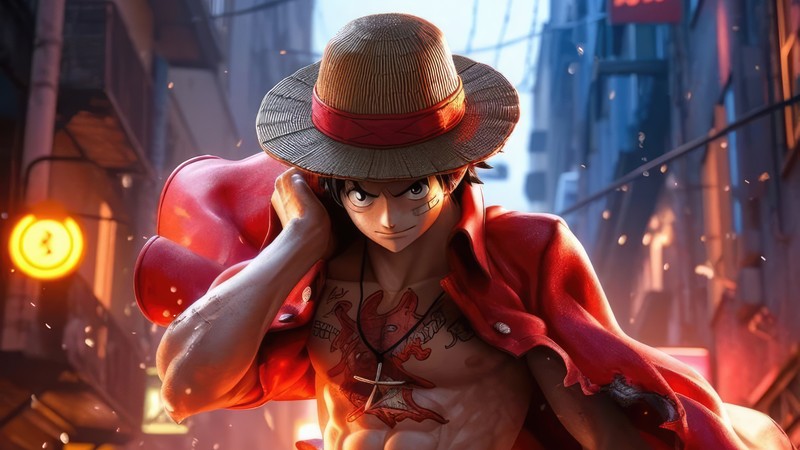 Мужчина в шляпе и красной куртке с красной сумкой (monkey d luffy, цифровое искусство, аниме, anime, обои 4k)