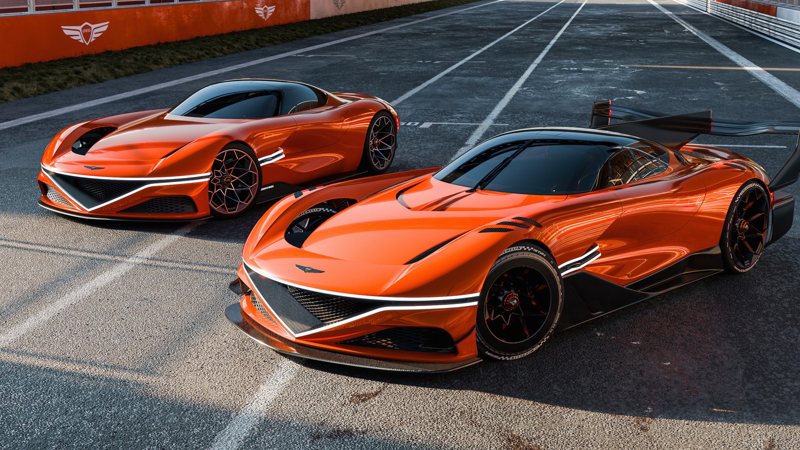 Two orange sports cars parked in a parking lot next to each other (genesis x concept, concept cars, race track, cars, 4k wallpaper)