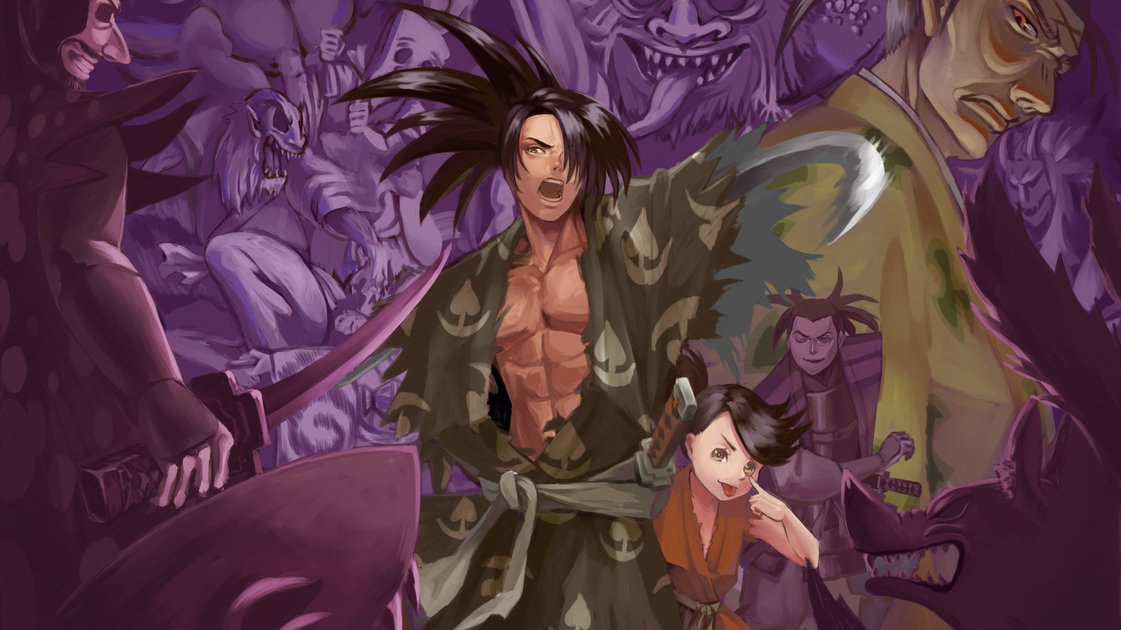 Uma imagem de desenho animado de um homem com uma espada e uma mulher (hyakkimaru, dororo, dororo anime, anime)