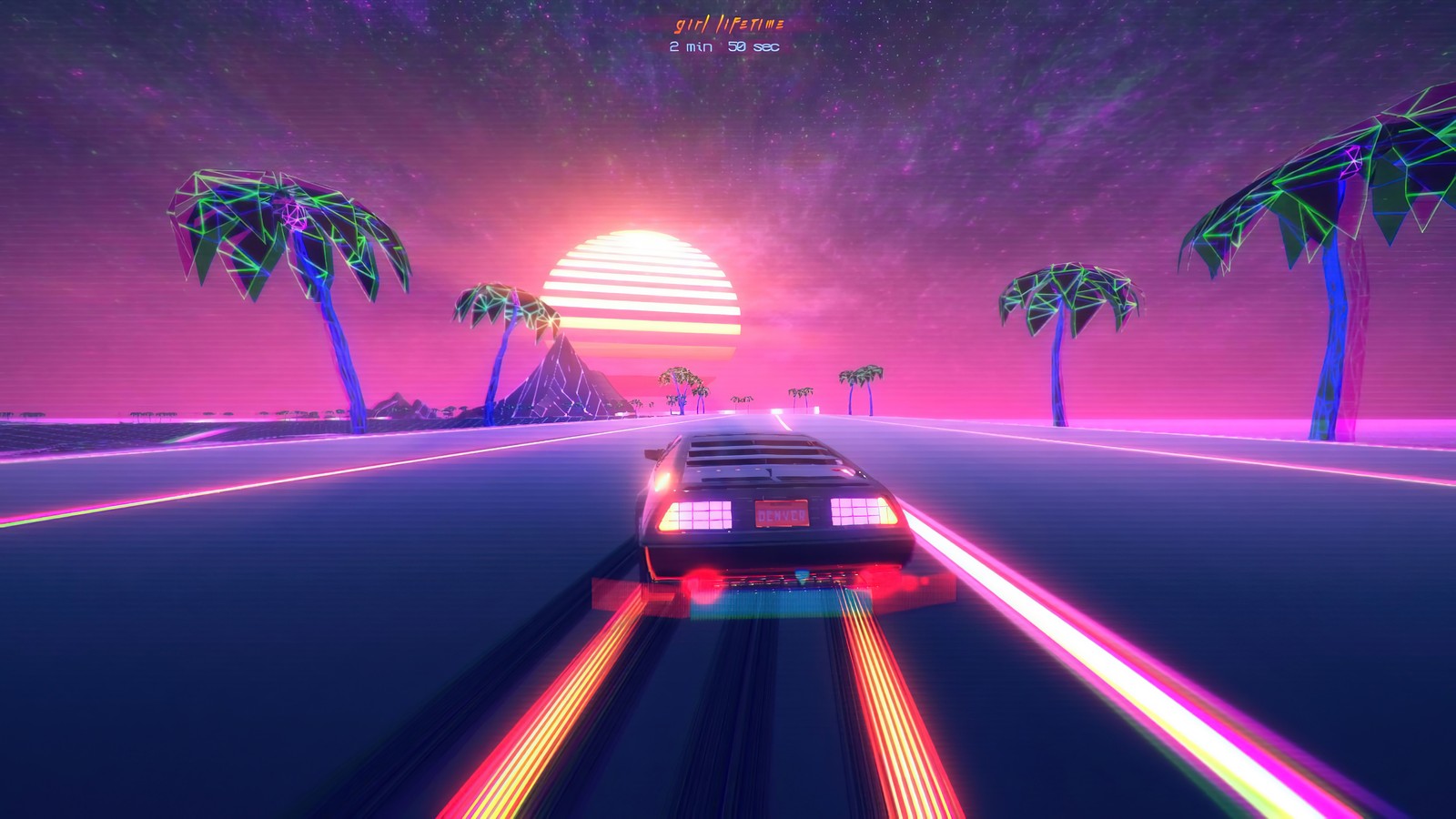 Une voiture roulant sur une route avec des palmiers et un coucher de soleil en arrière-plan (outrun, coucher de soleil, retrowave, synthwave, vaporwave)