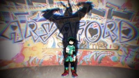 Izuku Midoriya steht vor einer bunten Graffiti-Wand