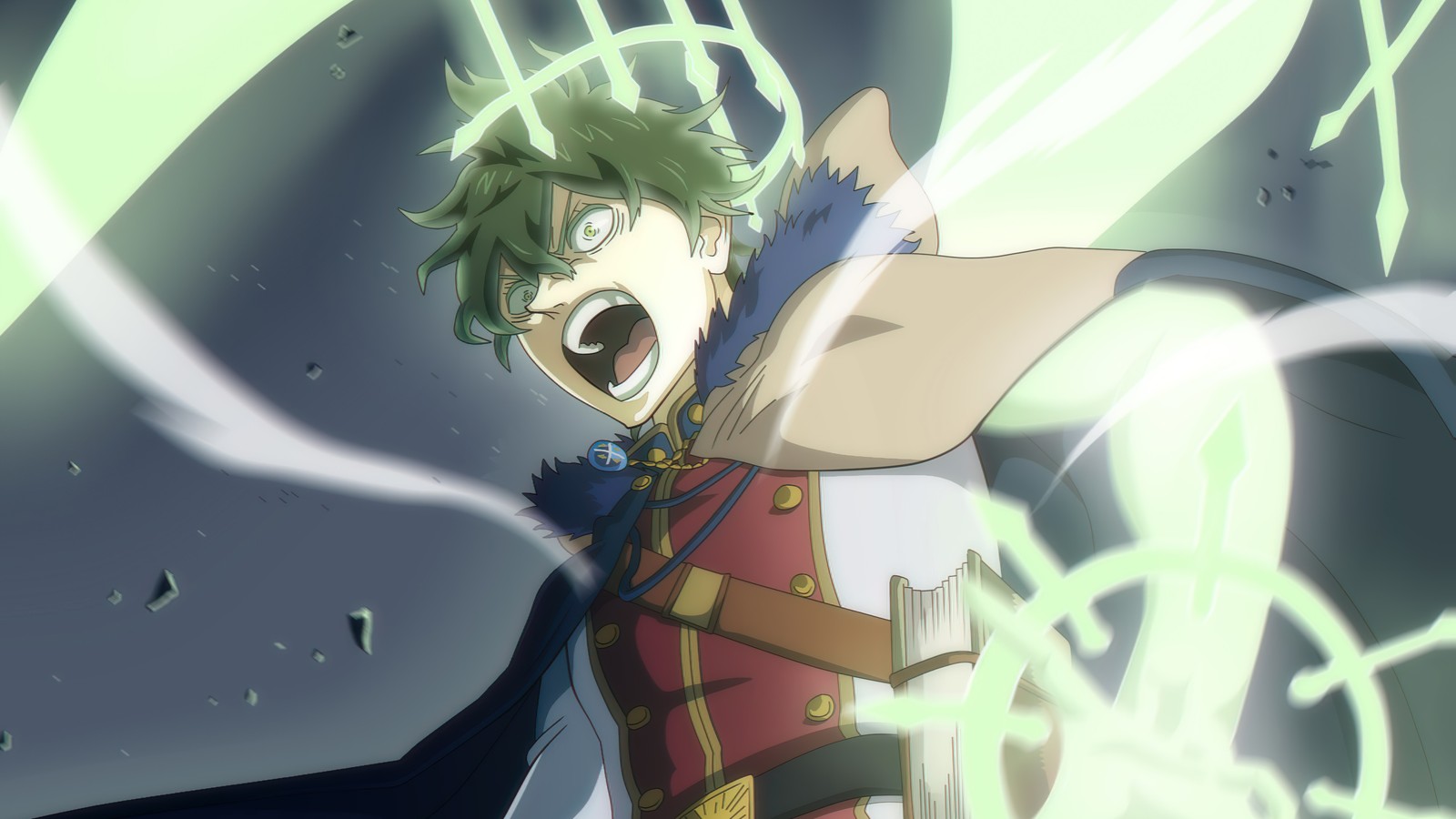 A close up of a person with a cape on and a light in the background (black clover, anime, yuno, elf spirit)