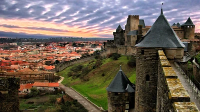 Mittelalterliche Befestigung mit Blick auf eine historische Stadt bei Dämmerung