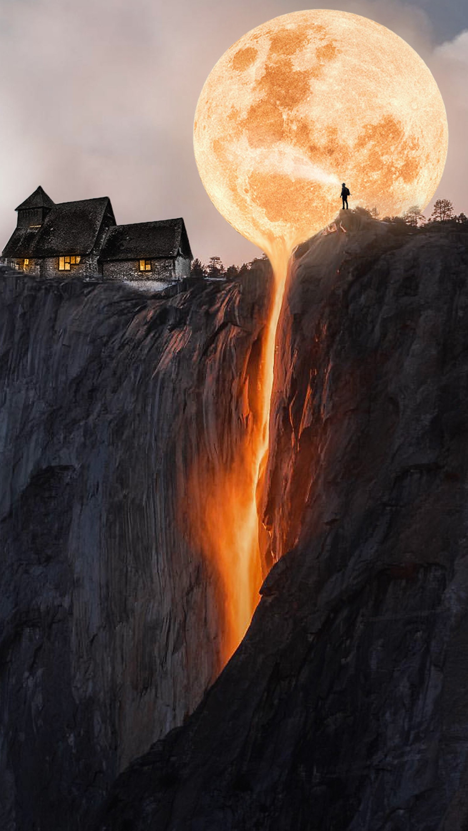 There is a man standing on a cliff with a huge moon in the sky (travel, atmosphere, light, world, moon)