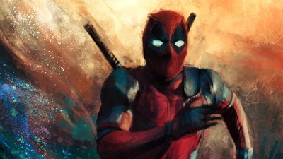 Ilustración dinámica en acuarela de Deadpool en acción, mostrando colores vibrantes y un estilo artístico moderno.