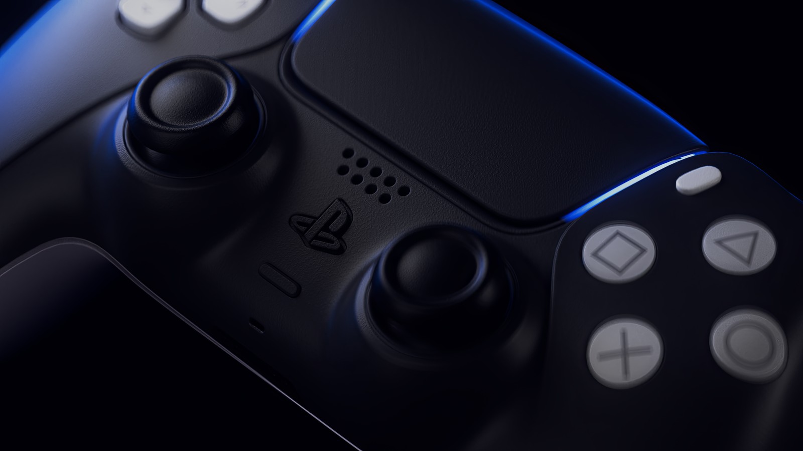 Un primer plano de un controlador de videojuegos con luz azul (playstation 5, controlador inalámbrico dualsense, sony ps5, modo oscuro, estética oscura)