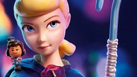 Bo Peep and Officer Giggle McDimples from Toy Story 4 in a vibrant, colorful scene.