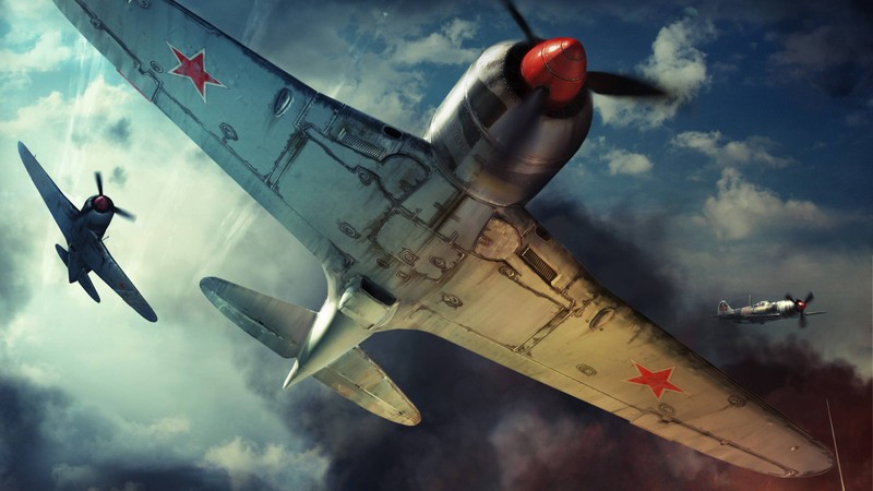 Две самолета летают в небе с красными звездами (war thunder, массовая многопользовательская онлайн игра, playstation 4, самолёт, авиация)