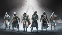 Una colección dinámica de icónicos Asesinos de la serie de videojuegos "Assassin's Creed", que muestra personajes diversos en poses impactantes contra un fondo geométrico y dramático.