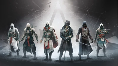 Динамическая коллекция знаковых Ассасинов из серии видеоигр "Assassin's Creed", демонстрирующая разнообразных персонажей в эффектных позах на фоне драматического геометрического фона.