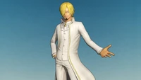 Vinsmoke Sanji in einem stilvollen weißen Outfit aus One Piece: Pirate Warriors 4.